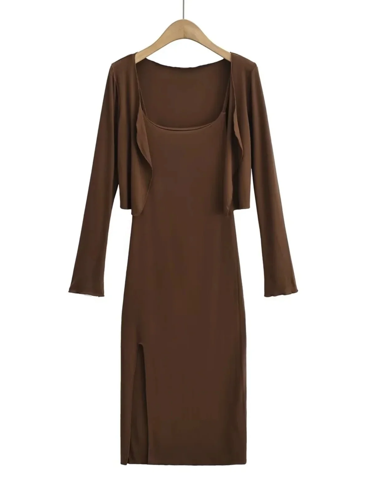 エレ・ロング・ドゥル ウールダー・アウル オープンカーディガン ツーピースセット セクシー エラスティック ウッド・エイン サイドスリット ストラップガウン