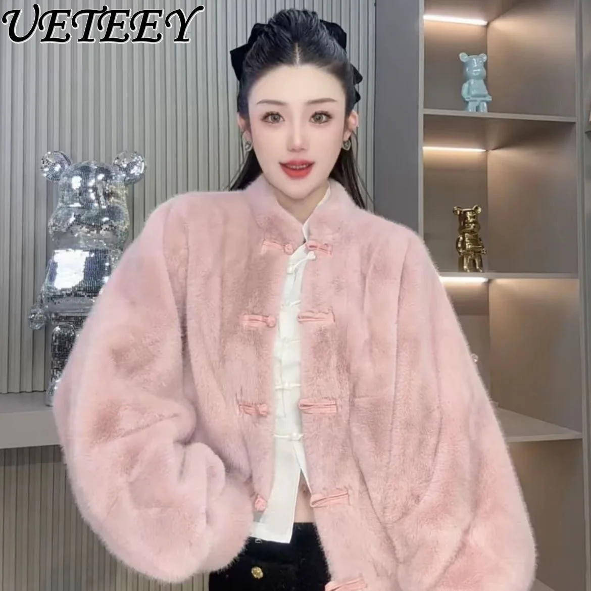 

New Chinese Style National Mink Button Short Fur Coat Women 2025 Winter Faux Fur Jacket Fashion Long Sleeve Warm Coats Female