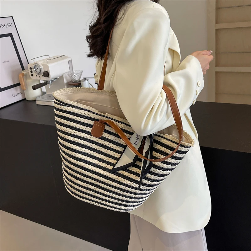 LEFTSIDE Big Straw Ribbons Design Tote Bags for Women 2024 Summer Fashion Weave Shoulder Bags Travel Handbags Beach Bag