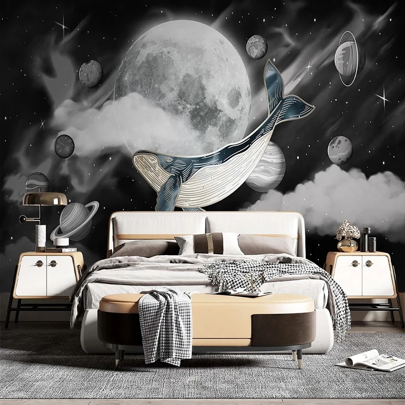 

Custom Any Size 3D Modern Cosmic Sky Moon Cloud Whale Dark TV Background Wall Mural Wallpaper Papel De Parede Tapety Fresco Art