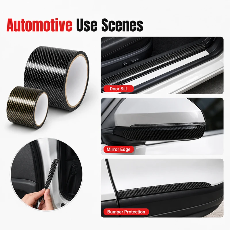 9D Glossy Carbon Fiber Tape, Self Adhesive Anti Scratch Car Door Sill Protector,  for Car Mirror Bumper Anti-scratch, Flexible