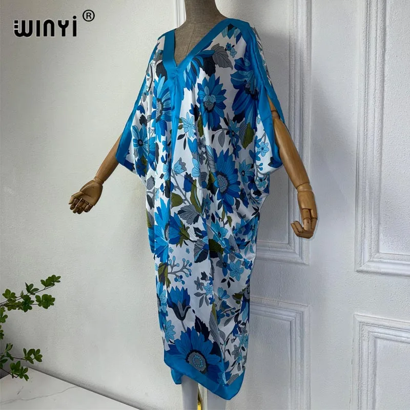 WINYI Summer african V-neck dress Printed beach wear women 2024 Loose Femme Robe Muslim beach cover ups silk feel evening dress