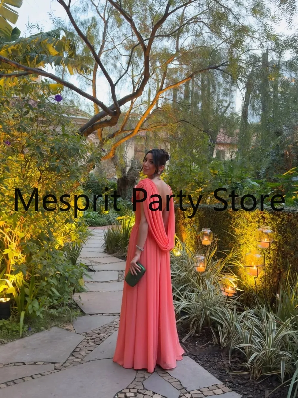 Customized Coral Chiffon Single Shoulder Evening Dress 2026 Featuring Dangling Corners Flowing Lines Suitable for Beach Parties