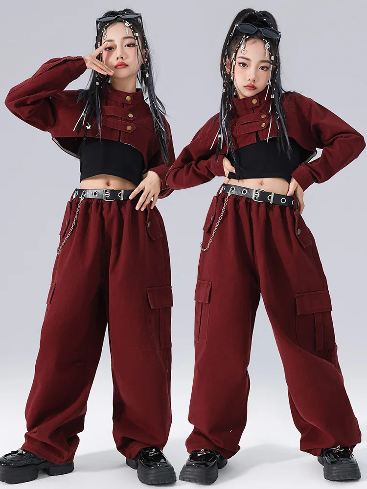 2024 Hip Hop Dance Costumes For Girls Red Crop Tops Cargo Pants Streetwear kids Street Dance Costume Girls Jazz Performance Suit