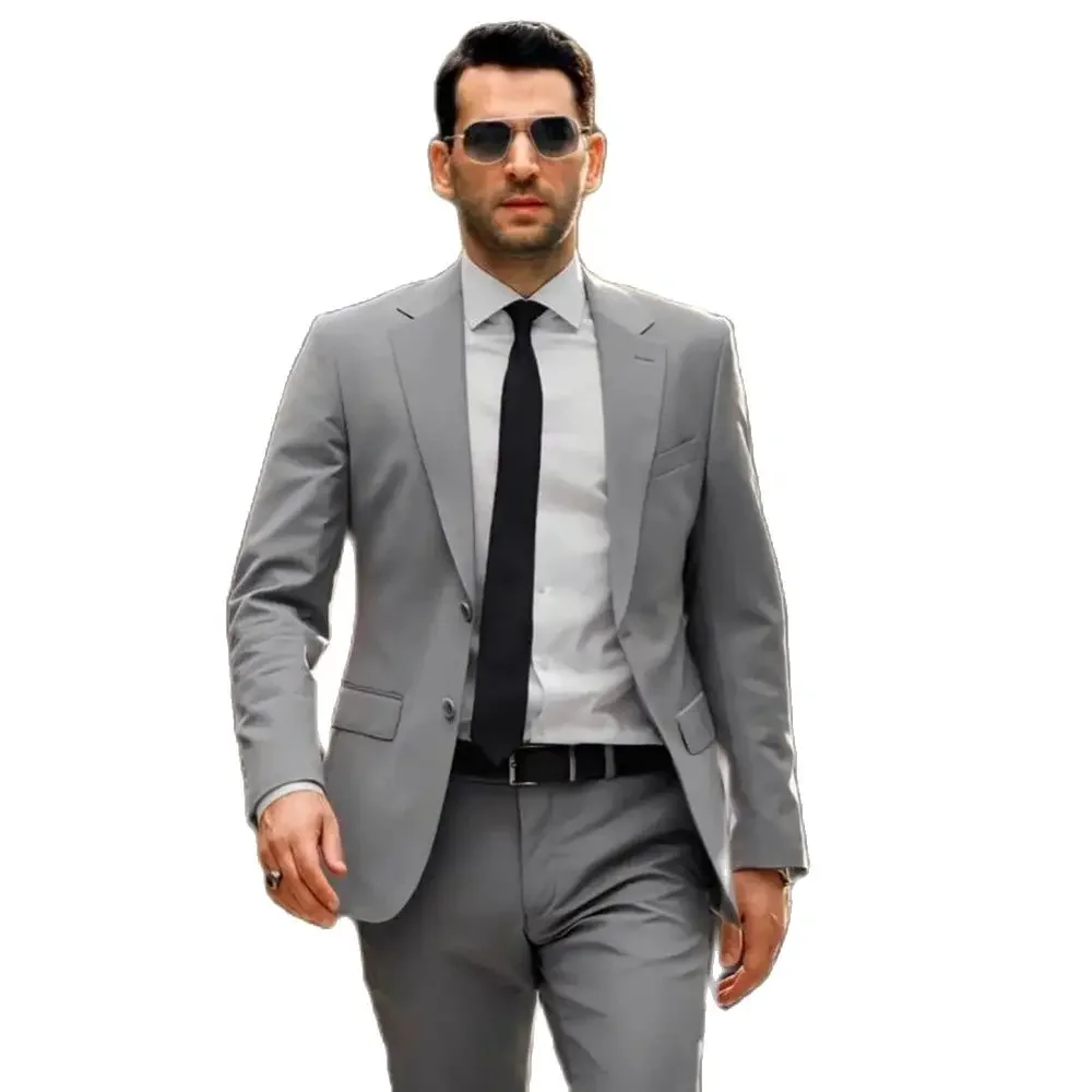 Formal Men's Suits Grey Casual 2 Piece Jacket Pants Slim Fit Single Breated Notch Lapel Elegant Full Set Business Costume Homme