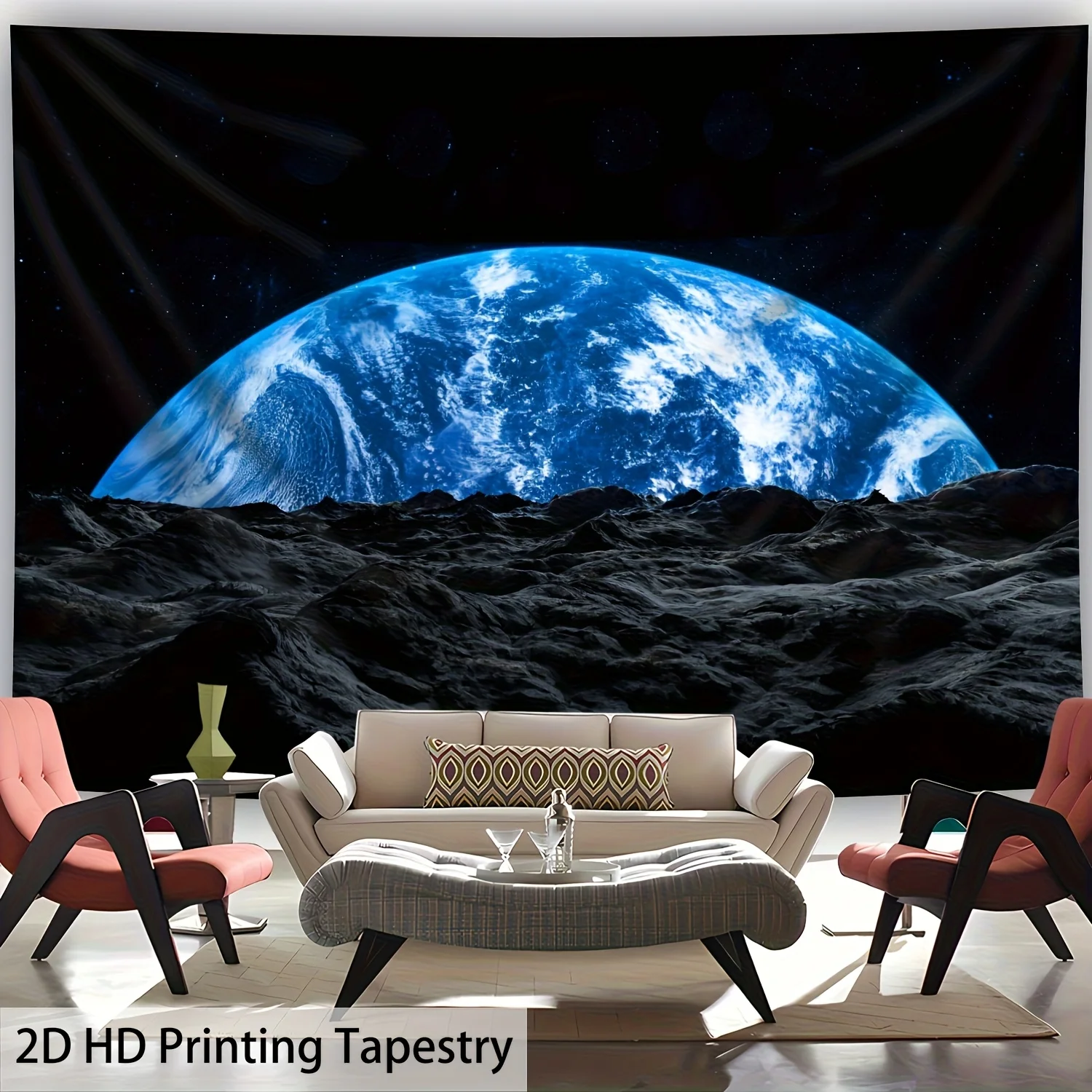 VIKAMA Cosmic Perspective HD Wandteppich Erde wie aus dem Mond gesehen Planeten Wohnzimmer Feature Wand Wohnzimmer Dekor