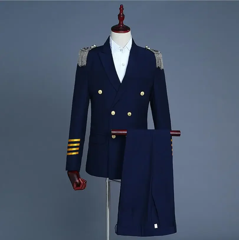 Traje de capitán oficial marinero Peacoat para hombre, Blazer, traje militar con flecos, chaqueta de banda de marcha, uniforme para adulto, abrigo + Pantalones