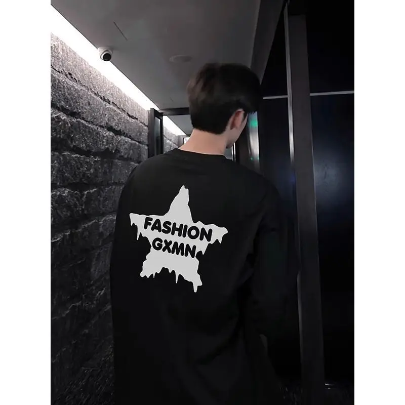 

Loose Long Sve American High Street Star Print T-irt for Men Trendy Brand Teenage Haome New Autumn Loose Top