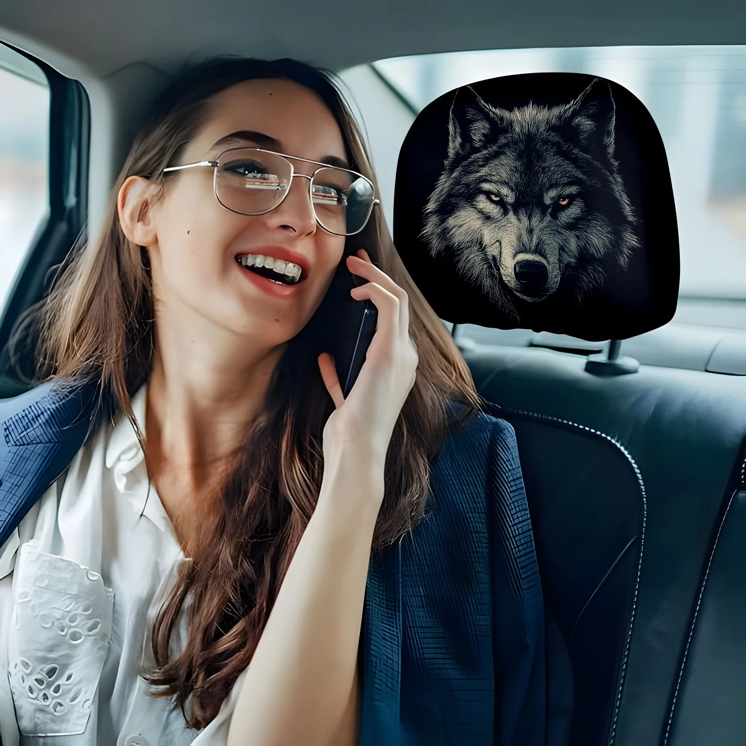 2pcs Dark Night Wolf Eye Gaze Into The Abyss Printed  Headrest Covers Cool Seat Accessory Protectors