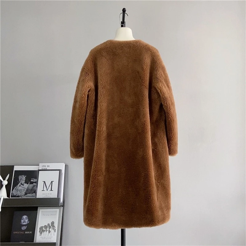 2024 New Sheep Shearling Double-breasted Warm Coat Female Lamb\'s Wool Winter Long Jacket Parka PT494