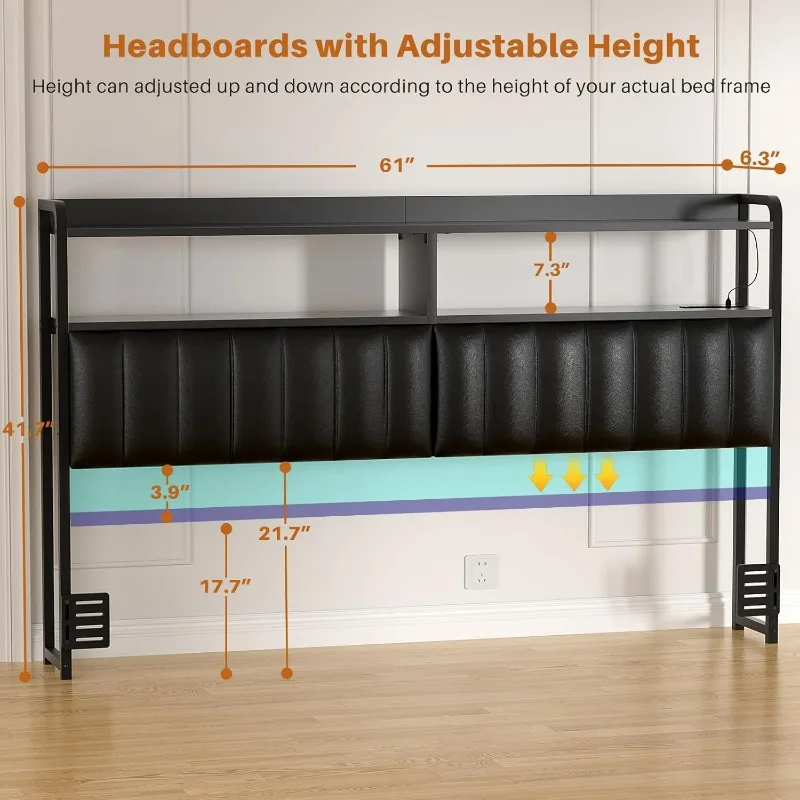 Aheaplus Headboard for Queen Size Bed Frame, Upholstered Headboards with Outlets, USB Ports and LED Light, Leather Head Board Wi