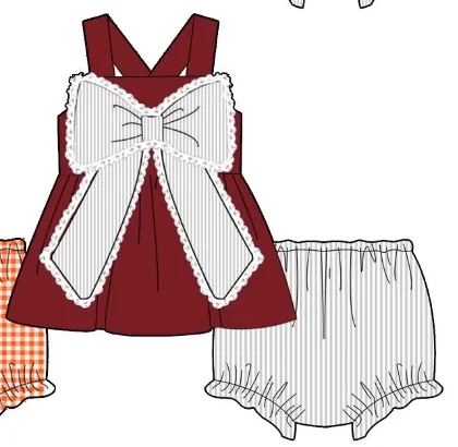 New hot sale children's set lace trim large bow paired slip dress with shorts monochrome print wholesale
