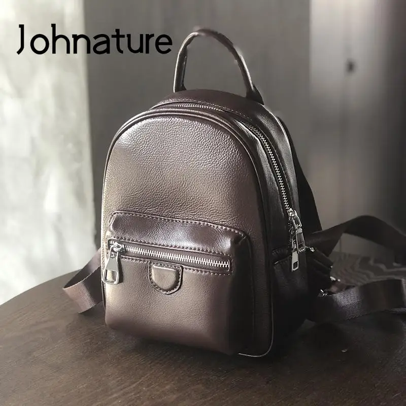 Johnature Versatile Genuine Leather Women Bag Small Backpack 2024 New Leisure Solid Color Natural Cowhide Travel Backpacks