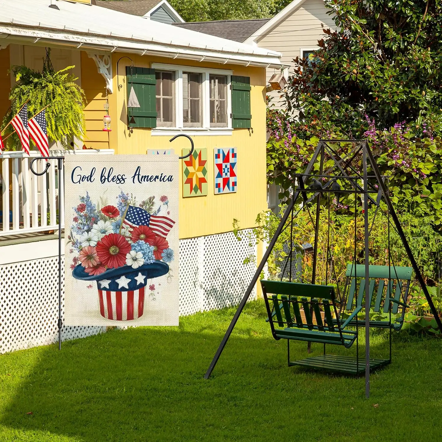 4th of July Garden Flag 12 x 18 Double Sided God Bless America Patriotic Uncle Sam Hat Floral Yard Flags for Outside Decor L UUN