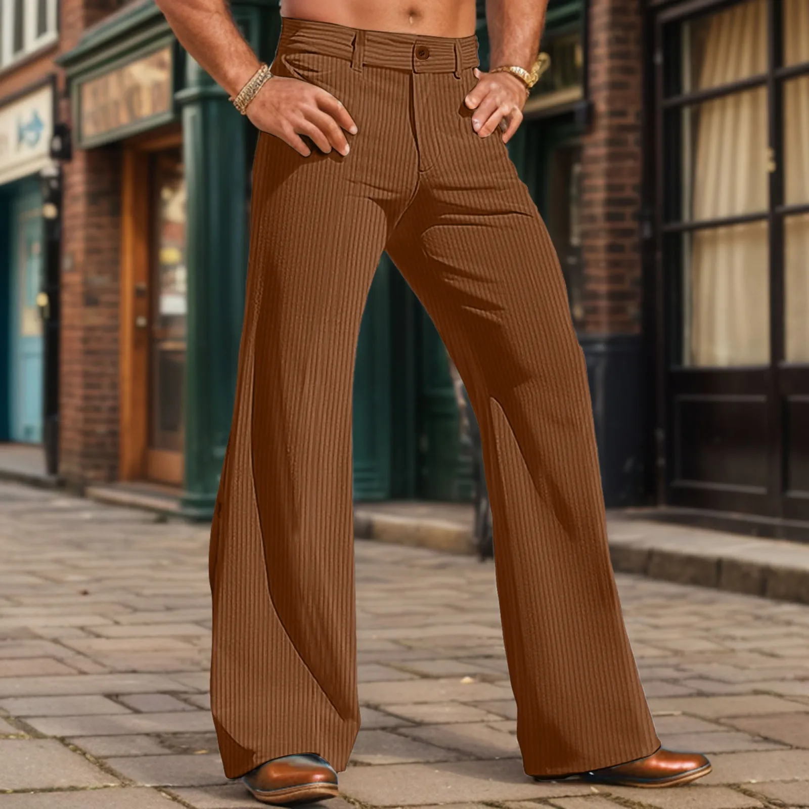 Pantalon évasé en velours côtelé pour hommes, tenue d'affaires unie, décontractée, avec poches, pantalon formel pour l'extérieur, jambes larges, à la mode