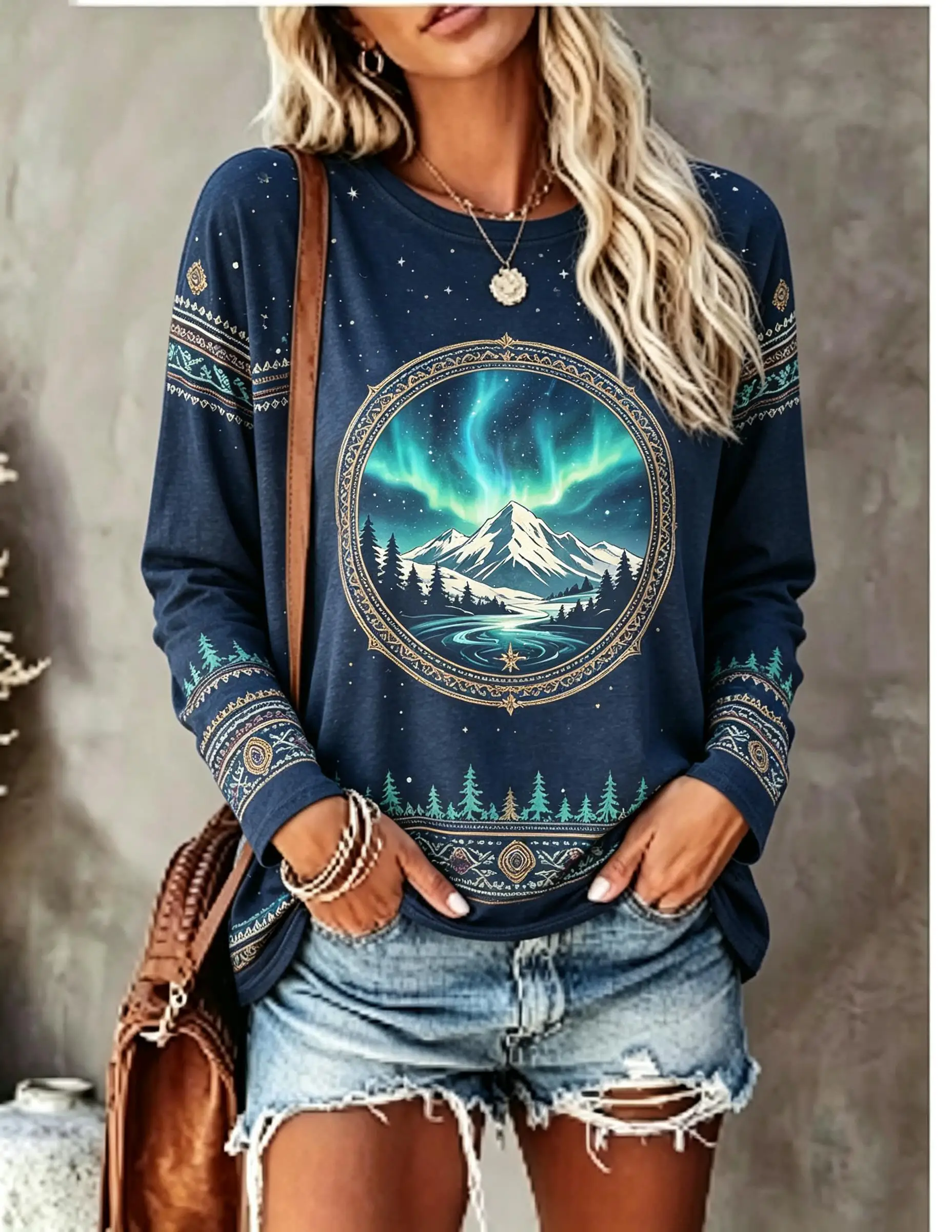 Women Long Sleeve T‑Shirt Boho Aurora Borealis Snow Mountain Forest Scenery Ethnic Print Crew Neck Casual Tops
