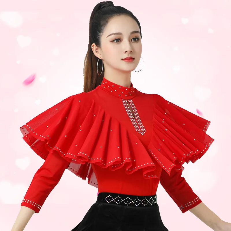 

Elegant Fashion Ruffles Diamond T Shirt 2026 Spring Autumn Dance Costume Long Sleeve Mesh Shirt Half High Collar Women Tops