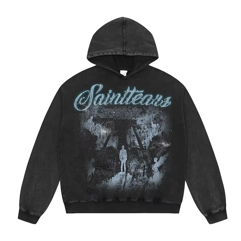 2024 Autumn Winter High Quality Oversized Hoodie Men Women Vintage Washed Black Blue Saint Tears Pullovers Graphics Print Hooded