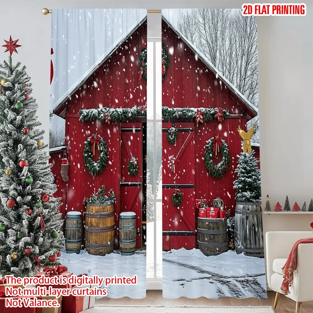 2pcs 2D flat printing Happy Christmas Scene Curtains Red barn and snow scene Digital Printed Polyester Drapes Family Party