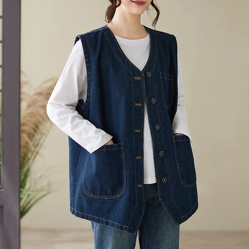 Rompi Denim Kasual Longgar Ukuran Besar Pakaian Kerja Multi-kantong Gaya Jepang Retro untuk Wanita Bentuk Tubuh Pear