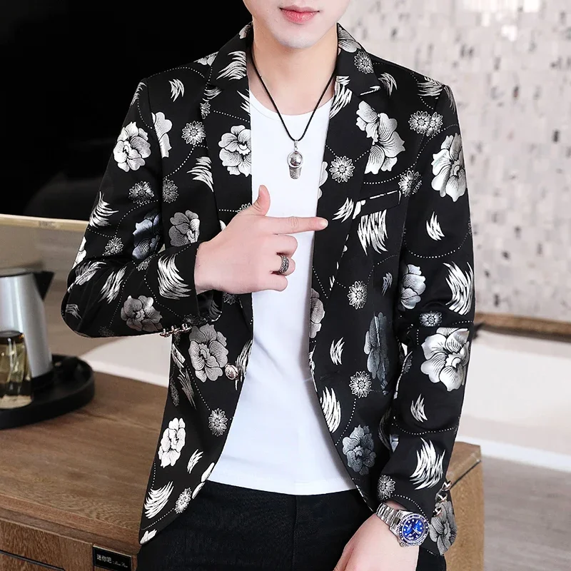 Men Golden Flower Print Blazers 2024 Spring Formal Dress Tuxedo Casual Slim Fit Suit Jacket / High Quality Fashion Men Clothing