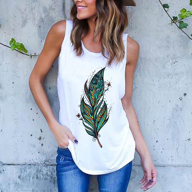 Lato Harajuku Vintage Feather Dreamcatcher Print damskie podkoszulki Casual O-Neck kamizelka bez rękawów Streetwear koszulka damska ubrania — zdjęcie 3