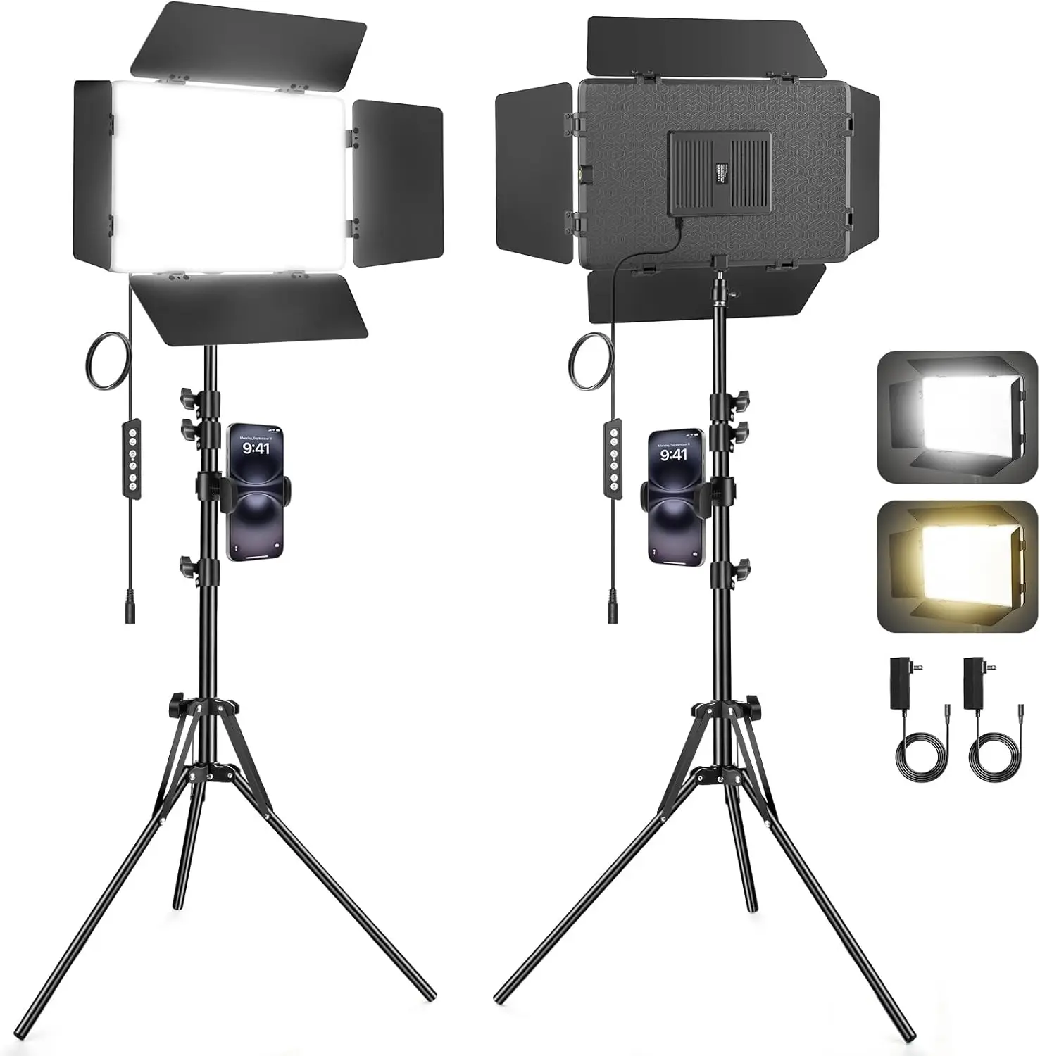 2-Pack LED Video Light with Barndoor, 30W Studio Lighting Kit, Tripod Stand, CRI 98+ for Recording and Streaming