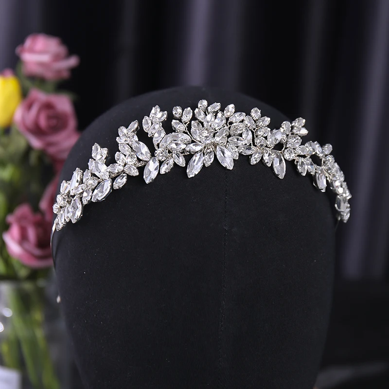 Ślubna opaska ślubna ręcznie robiona Rhinestone kryształowa opaska kwiatowa opaska do włosów Tiara dla kobiet ślubne akcesoria do włosów biżuteria