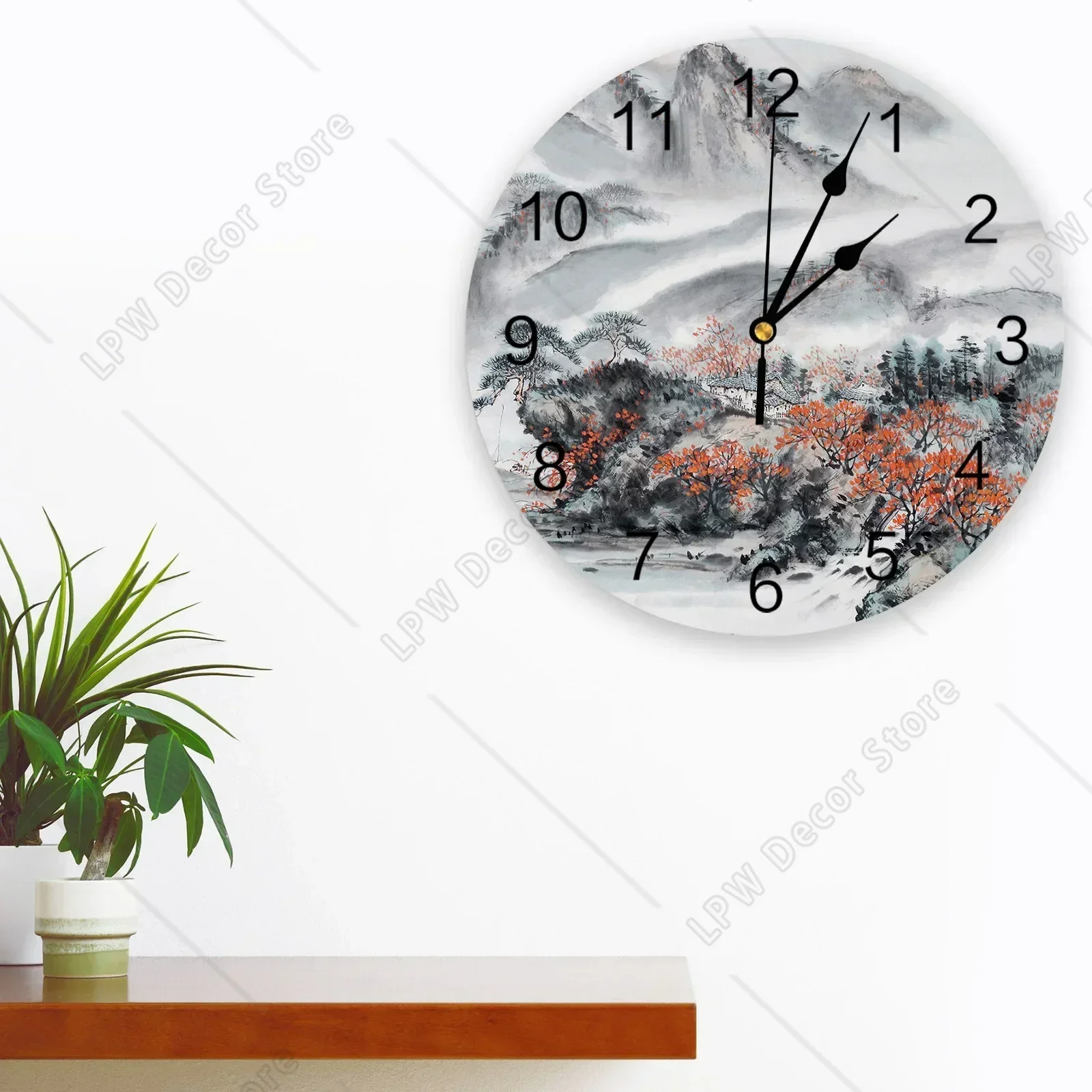 Chinese Style Ink Painting PVC Wall Clock Modern Design Home Decor Bedroom Silent Oclock Watch Wall for Living Room
