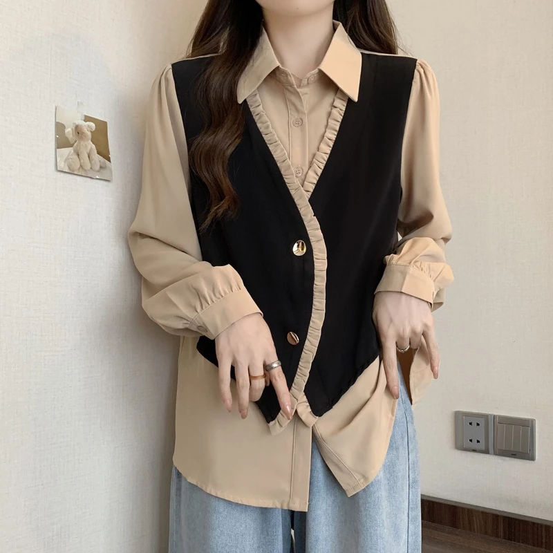 primavera autunno nuova camicia a maniche lunghe con colletto rovesciato da donna High street Falso cardigan con bottoni in due pezzi top con funghi