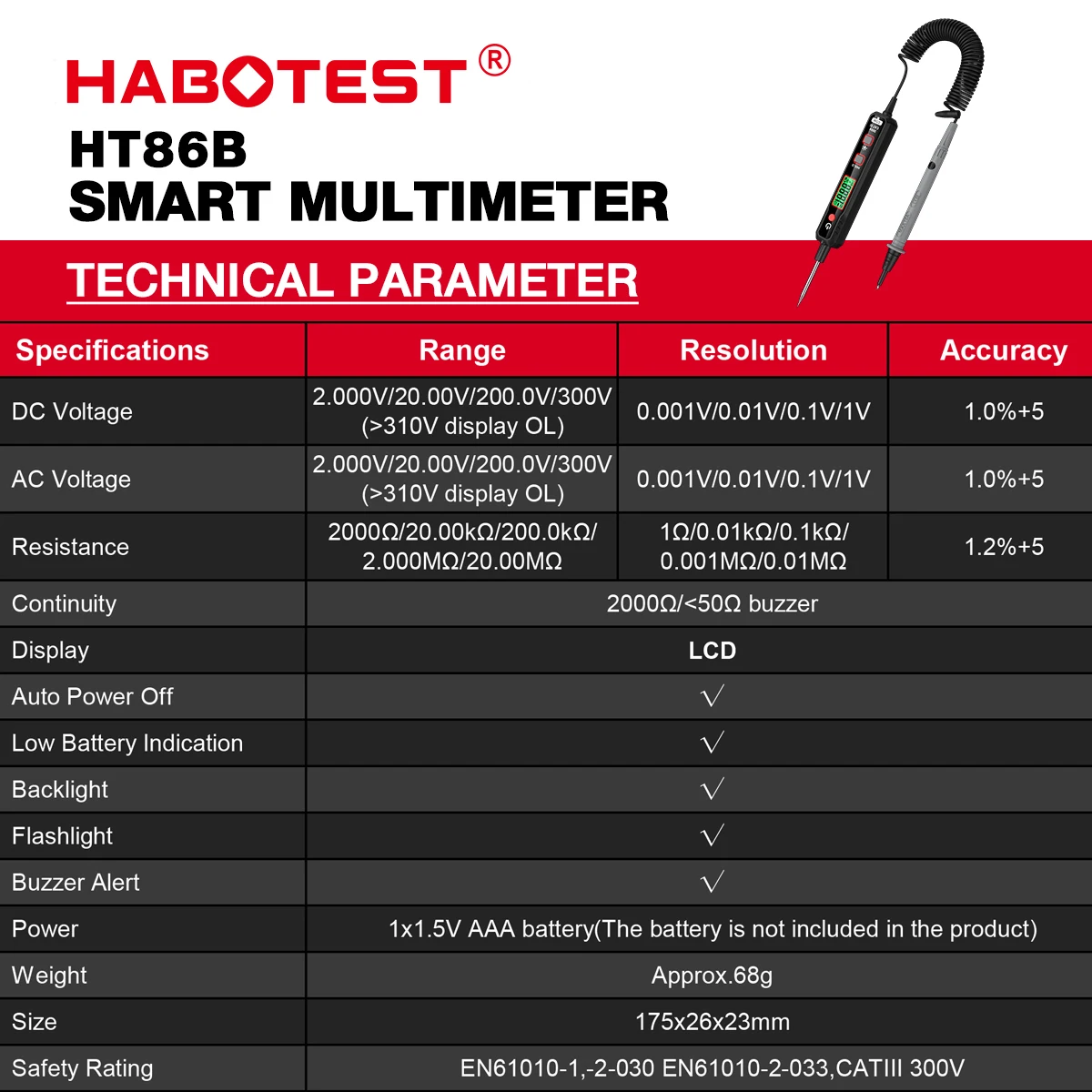 HABOTEST HT86A Автомобильный детектор напряжения Ручка Бесконтактный тестер напряжения Сопротивление непрерывности Омметр Автомобильный тест цепи неисправности Карандаш