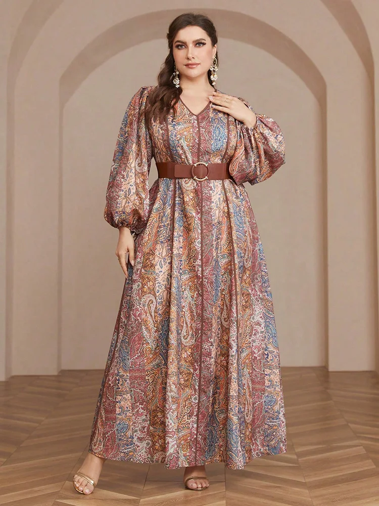 TOLEEN-Plus Size Women\'s Lantern Sleeve Long Dresses with Paisley Print, Elegant Belted Clothing, Bohemian Fashion, Summer, 2024