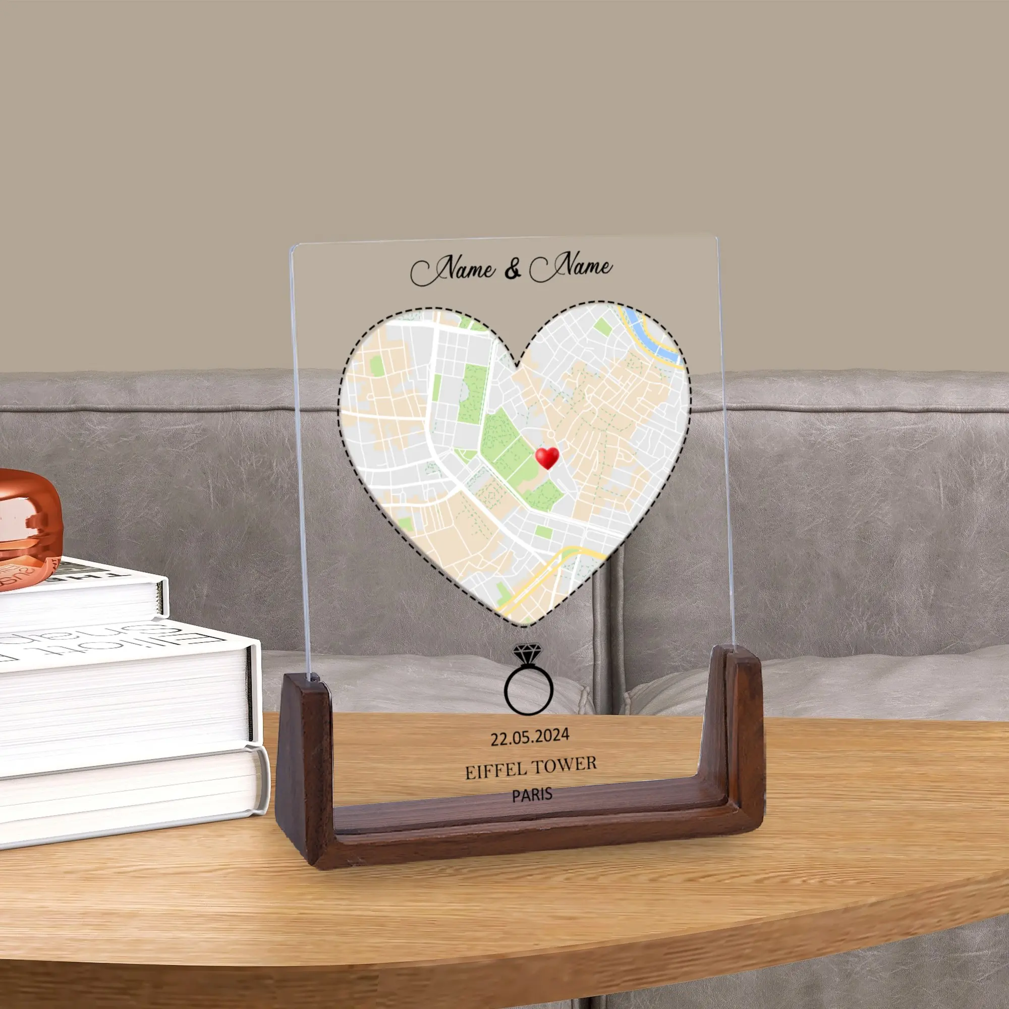 Custom Engagement Photo Frame for Couples Personalized Acrylic Desktop Picture Frame with Map Home Decor Unique Gift for Him Her