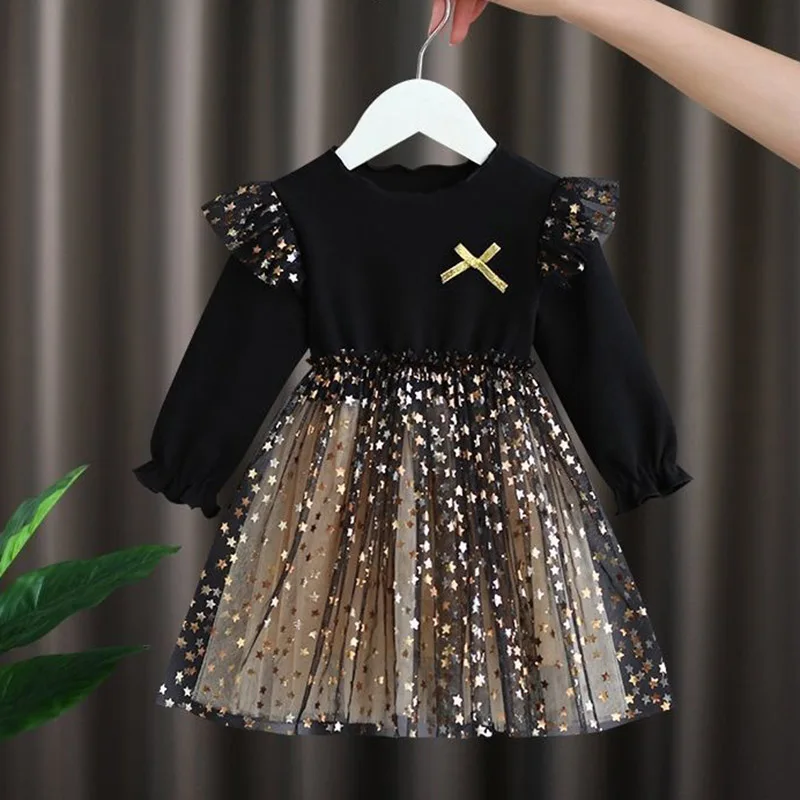 Mädchen Frühling Langarm-Kleid Tüll Schwarz Stern-Pailletten Süßes Kinder-Kleid im Koreanischen Stil Prinzessinnen-Tutu-Kleid