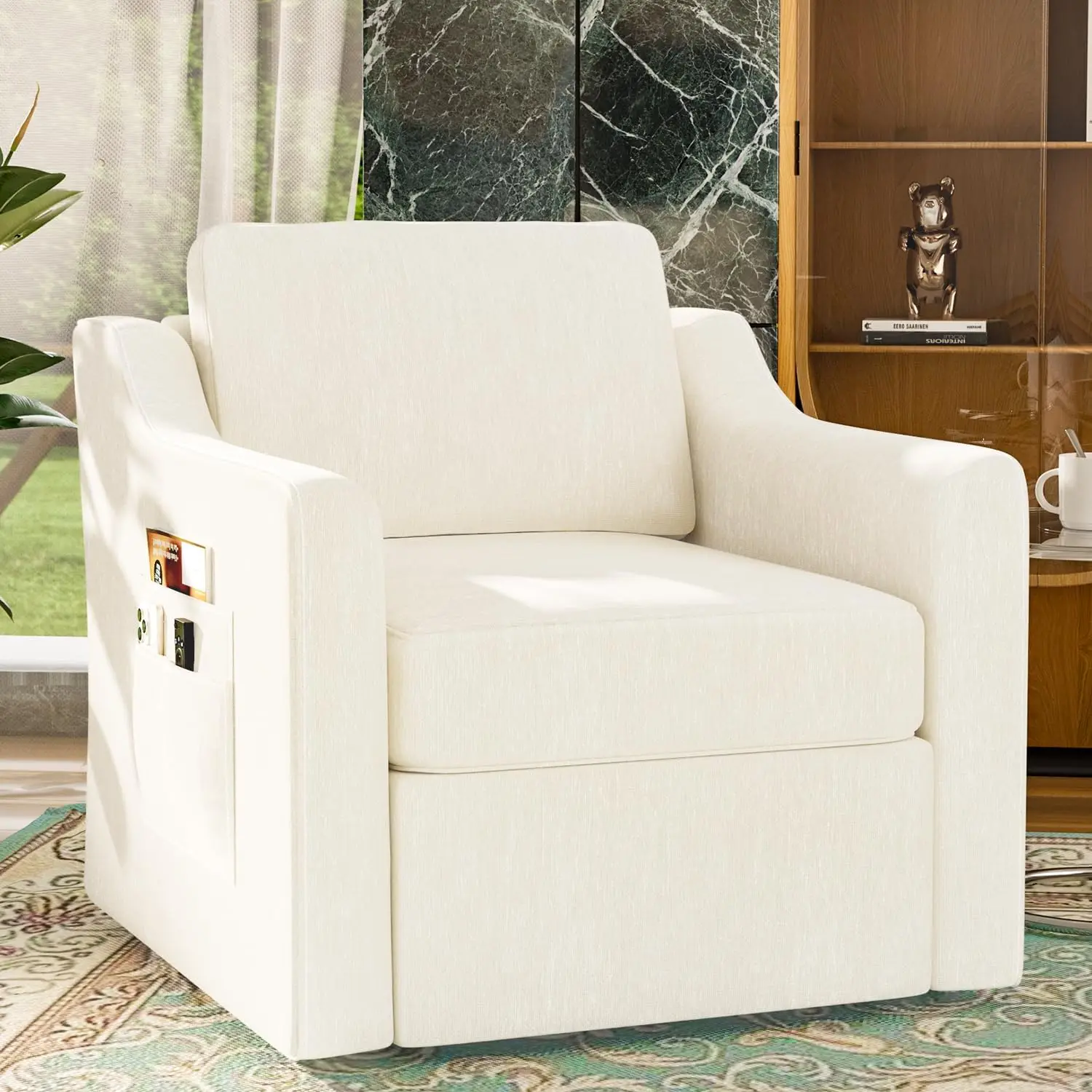 360° Swivel Accent Chair, Large Comfy Reading Chair, Square Single-Seat Armchair Upholstered Sofa for Reading, Nursery, Living