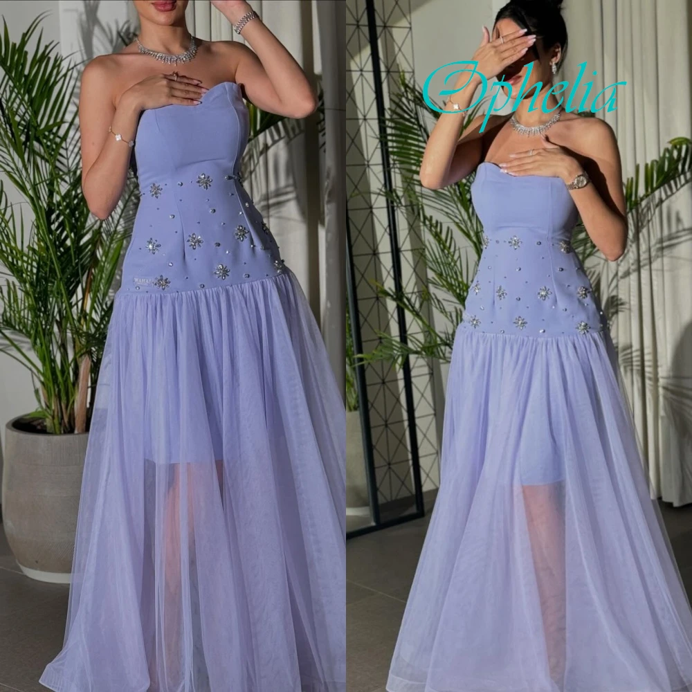 

Customized Luxury Strapless Sleeveless Evening Dress Sparkly Crystal Prom Dresses Temperament Light Purple Homecoming Gowns