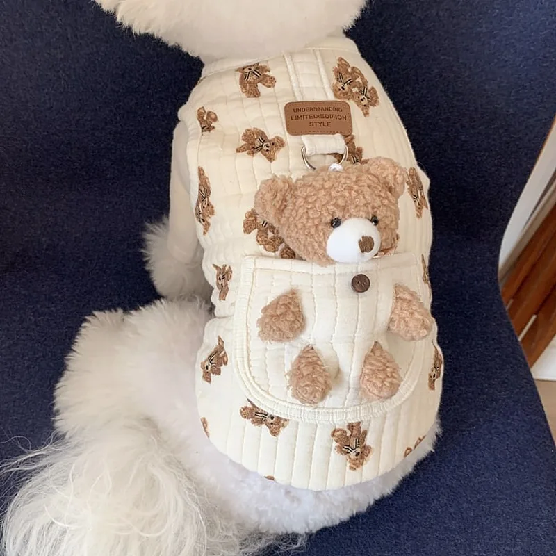 Dog Clothing Autumn and Winter cat cotton vest cute bear white Two Legged Clothing Small and Medium-sized Pet Clothing