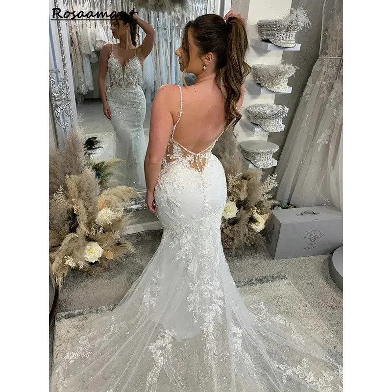 Luxury Spaghetti Straps Backless Mermaid Wedding Dresses Illusion Beading Crystal Appliques Lace Country Bridal Gowns