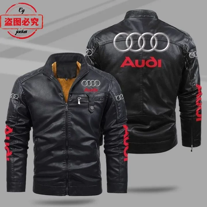 Car LOGO jacket racing suit windproof winter velvet warm men's pu leather Audi men's solid color jacket