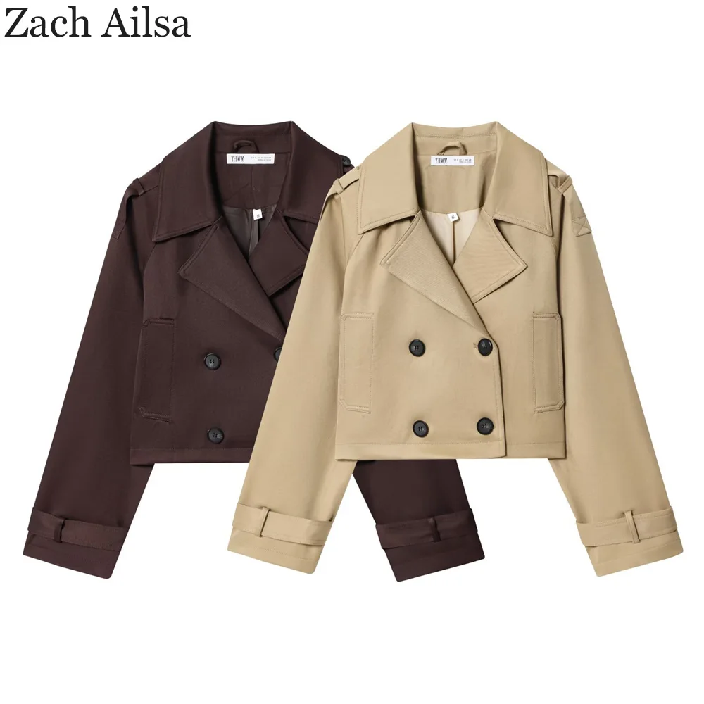 

European and American style ZA women's new short and versatile double breasted lapel short windbreaker
