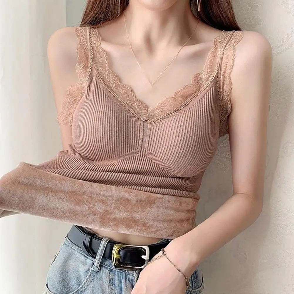 Wire-free Padded Tank Top Women's Thermal Vest Lace Fleece Lined Warm Base Layer Vest Sleeveless Padded Camisole Undershirts 85