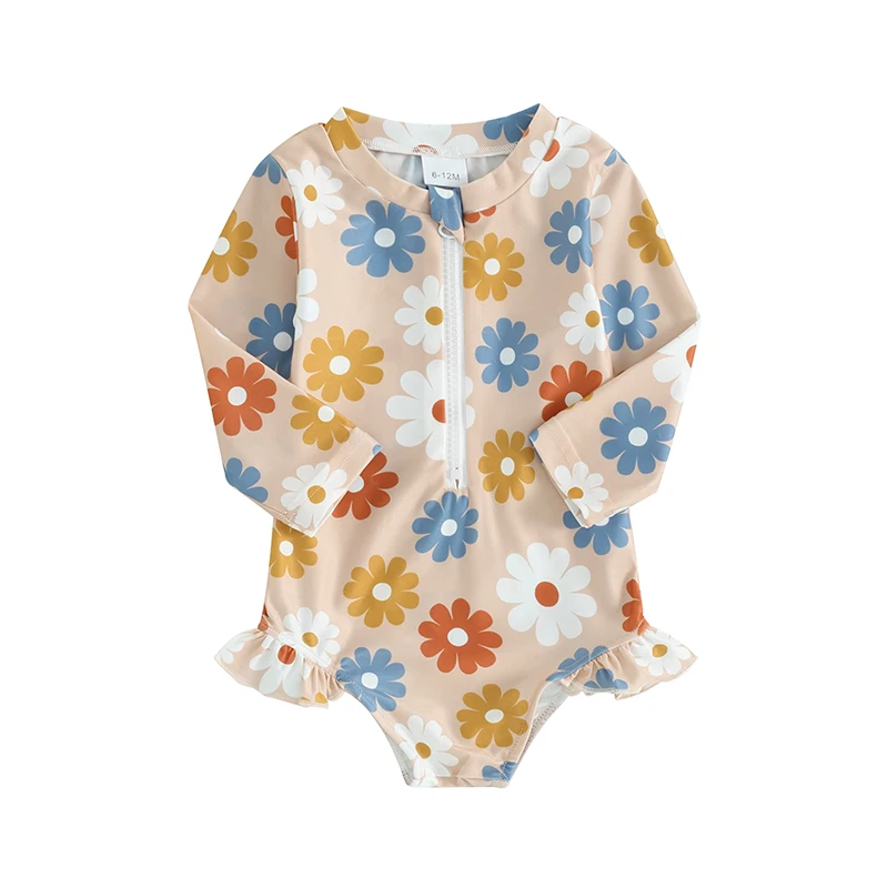 Costume da bagno per bambina con stampa floreale costume da bagno con cerniera a maniche lunghe Rash Guard costumi da bagno abbigliamento da spiaggia