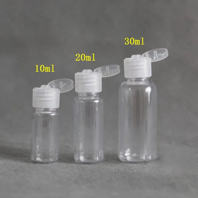 Botellas de plástico PET transparente con tapa abatible para loción, envases de muestra de champú cosmético, viales rellenables líquidos de viaje, 5ml-100ml, 50 unidades