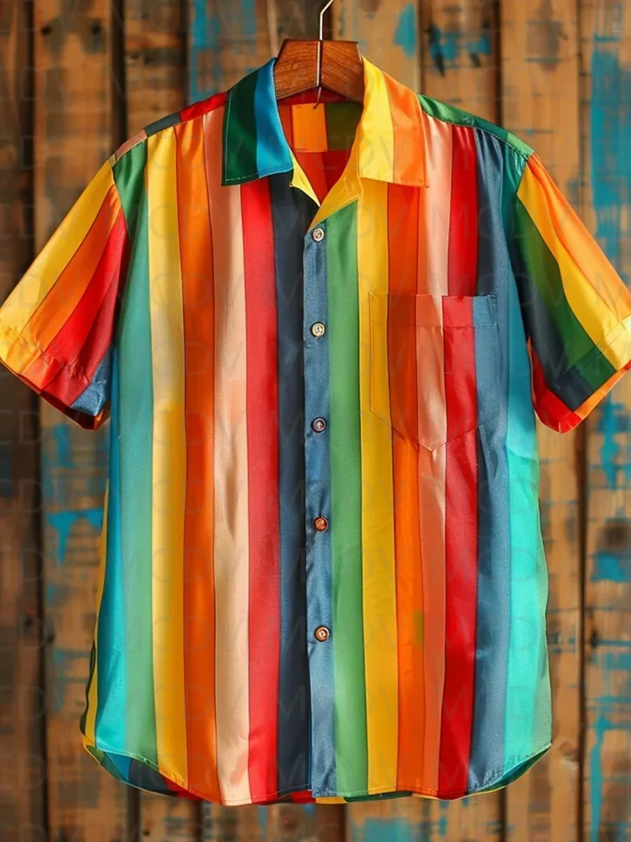 Rainbow Landscape Mountain Art Printed Style Short Sleeve Casual Shirt Men's