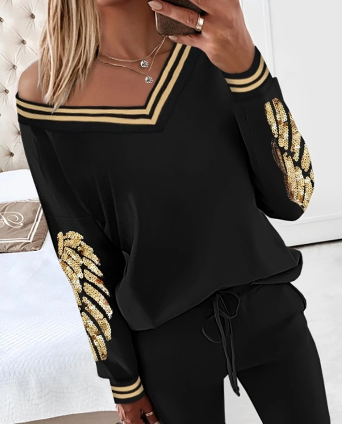 Elegant Two Piece Set for Woman Daily Striped Sequin Wing Pattern Slanted Collar Long Sleeved Pullover Top Flared Pants Set