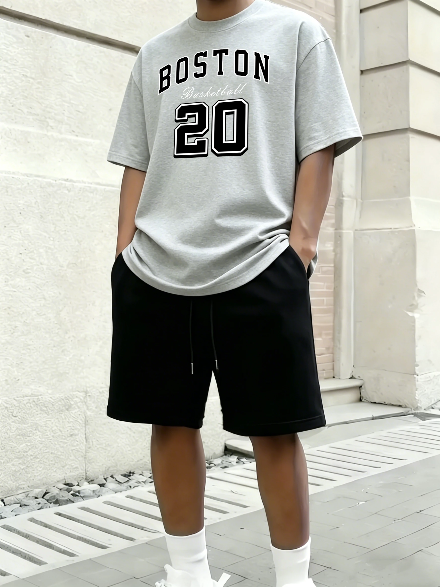 

Boston 20 Green Art Letter Print Summer Cotton Street Men T-Shirt Suit Oversized Daily Jogging Shorts Gym Loose Sportswear