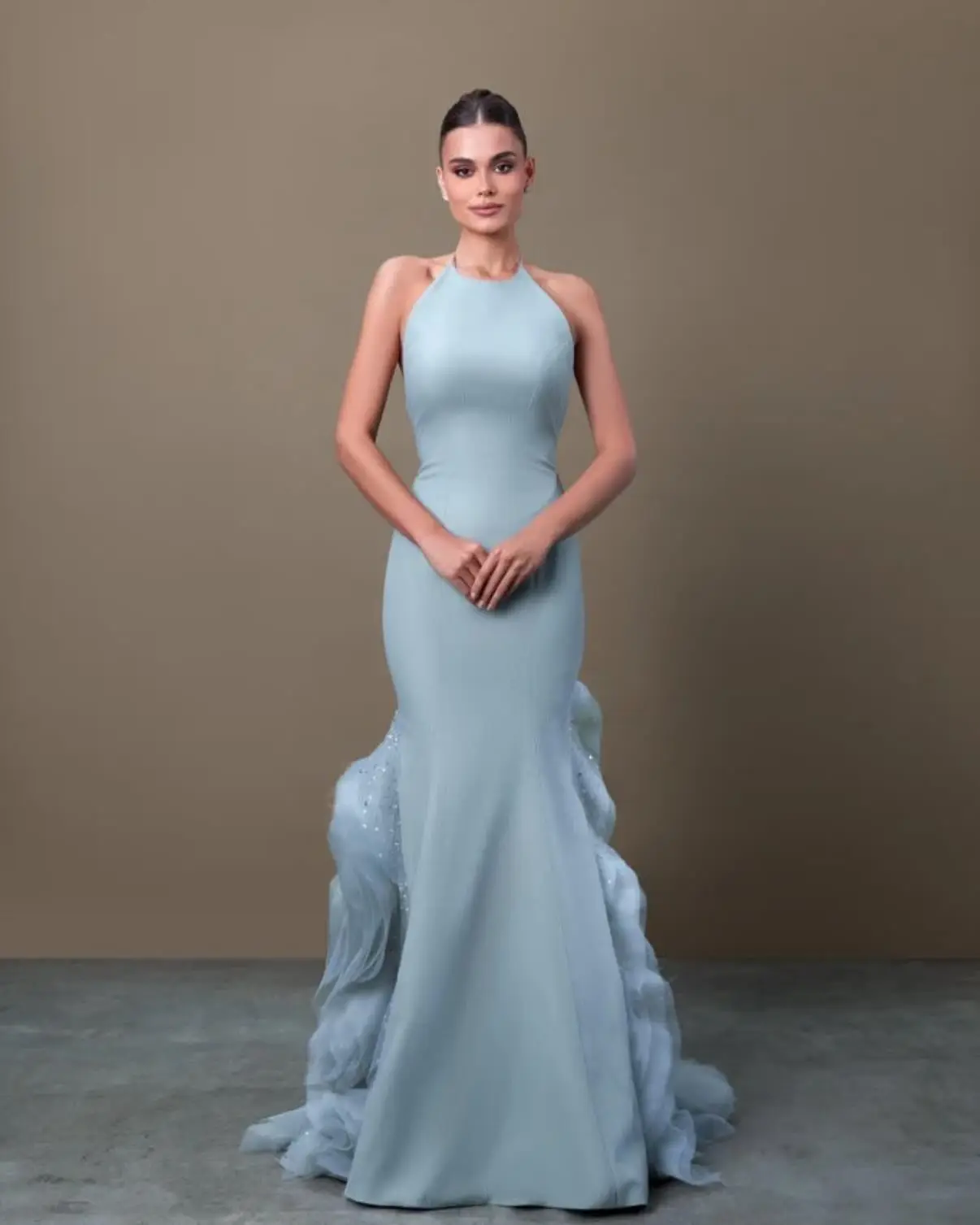 

Halter Women Prom Dresses Sky Blue Sleevesless customized Formal Evening Dresses Ankle-Length Arabia Party Gowns