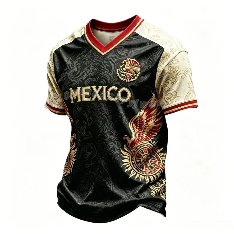 2026 Mexico Fan Inspired 3D Print Soccer Jersey Eagle Totem V-Neck Short Sleeve Unisex Outdoor Sports Casual Football Fan Tee