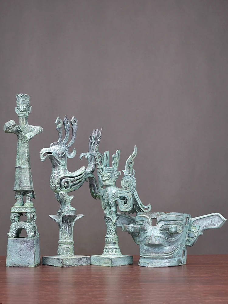 Sanxingdui Bronze Ware, Standing Man Mask, Flying Man, Flying Bird, Head Statue, Divine Tree Artwork Decoration