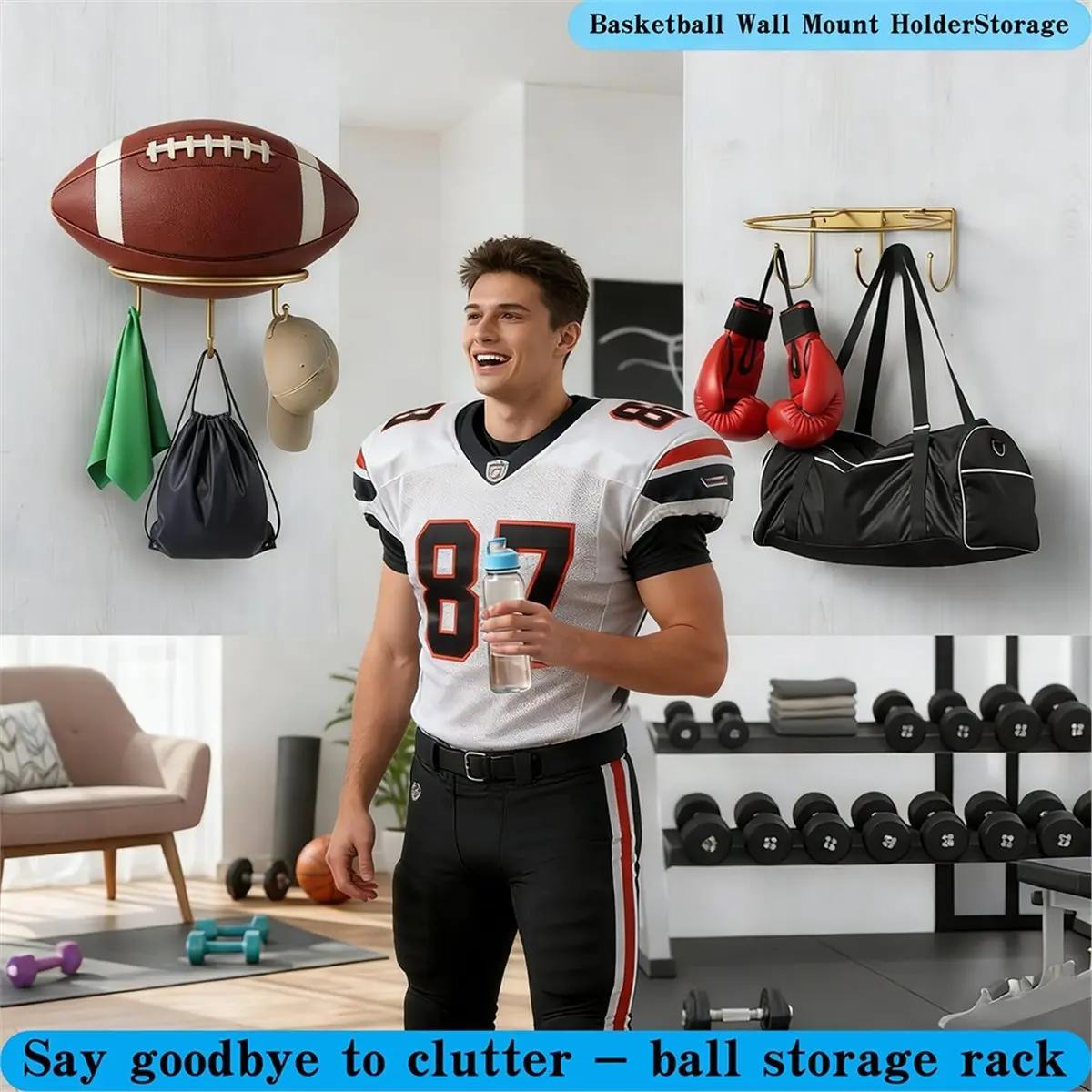 2026 New Metal Basketball Holder Wall Mount - Heavy Duty with 3 Hooks for Multi-Sport Storage